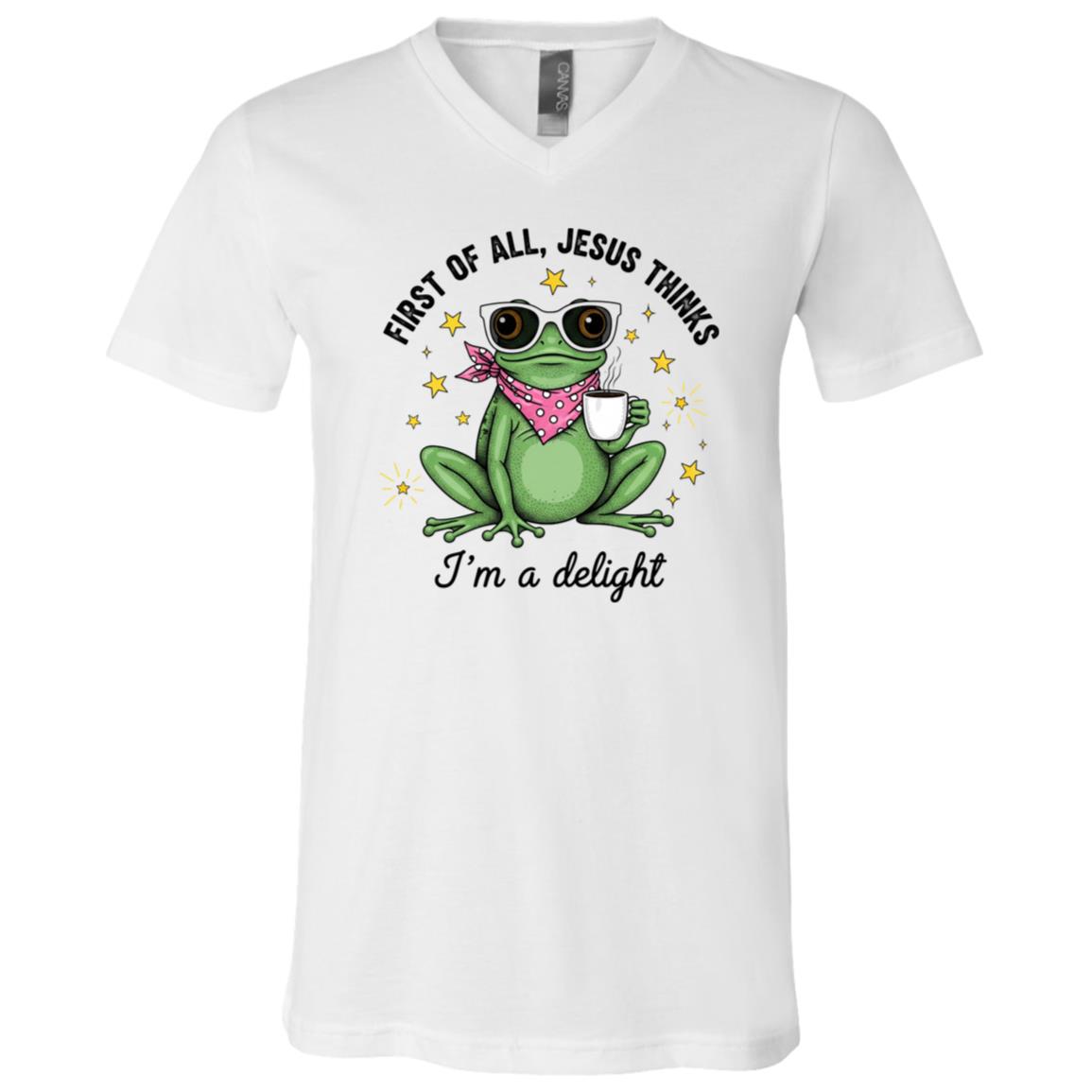 Funny Christian Frog Shirt, First of All Jesus Thinks I'm a Delight Tee, Cute Frog Coffee Shirt, Faith Based Gift, White, V-Neck T-Shirt