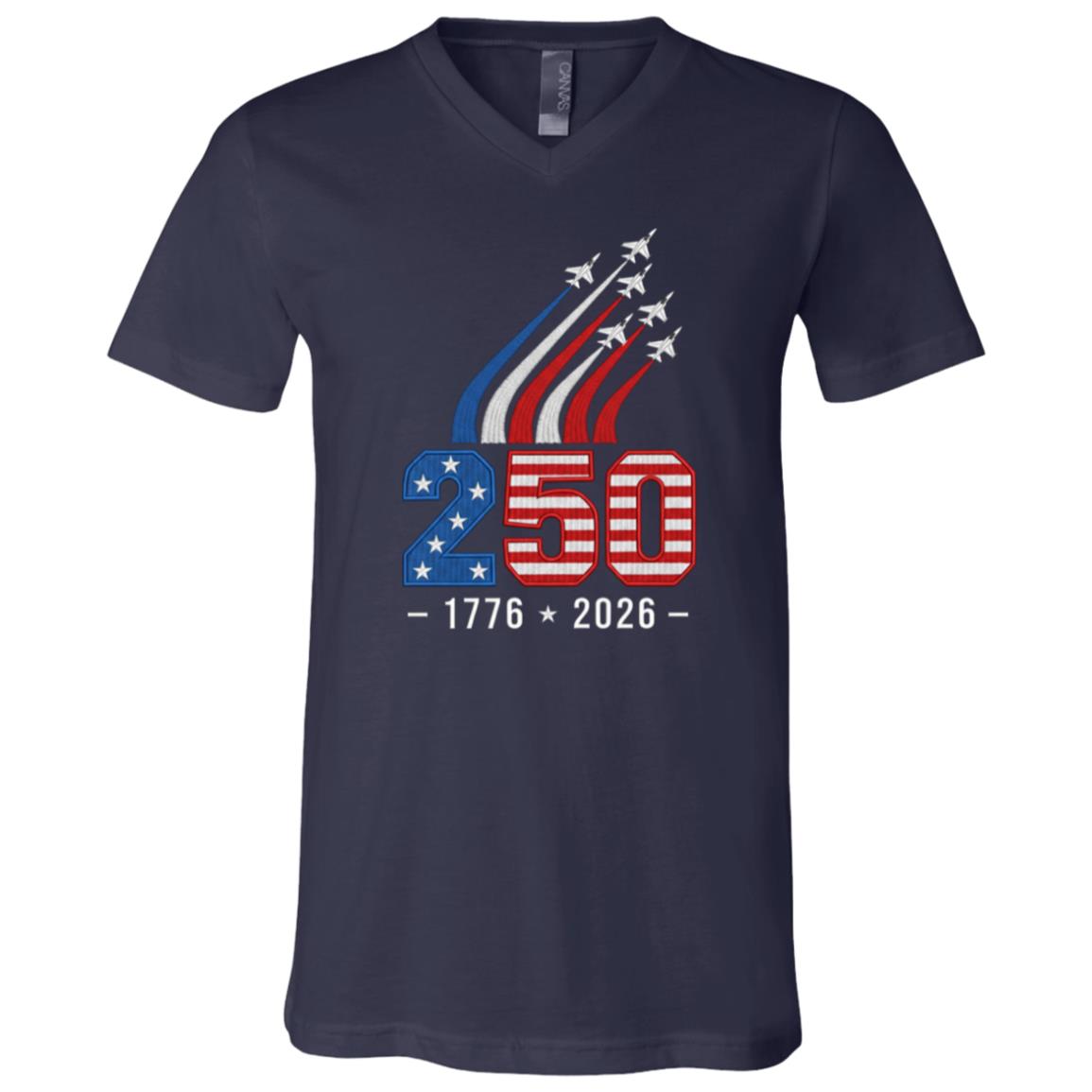 Personalized USA 250th Anniversary Shirt, America 1776-2026 Patriotic Tee, Red White Blue Fighter Jet Graphic Shirt,, Navy, V-Neck T-Shirt