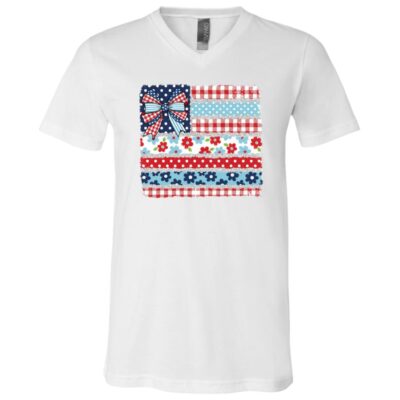 Patriotic Coquette American Flag Shirt, Cute USA Bow Tee, White, V-Neck T-Shirt