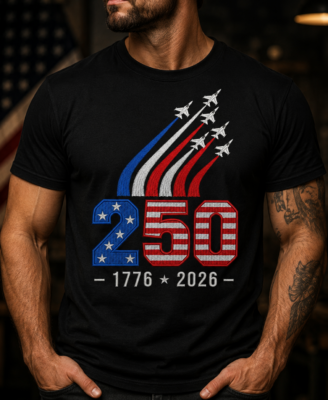 Alternative view of Embroidered USA 250th Anniversary Shirt, America 1776-2026 Patriotic Tee, Red White Blue Fighter Jet Embroidery Shirt, Fourth of July Gift Tee